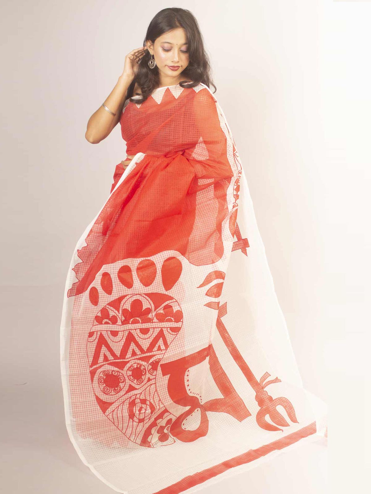 Kota Pure Cotton Painted Saree - Red & Brown Color main image 0