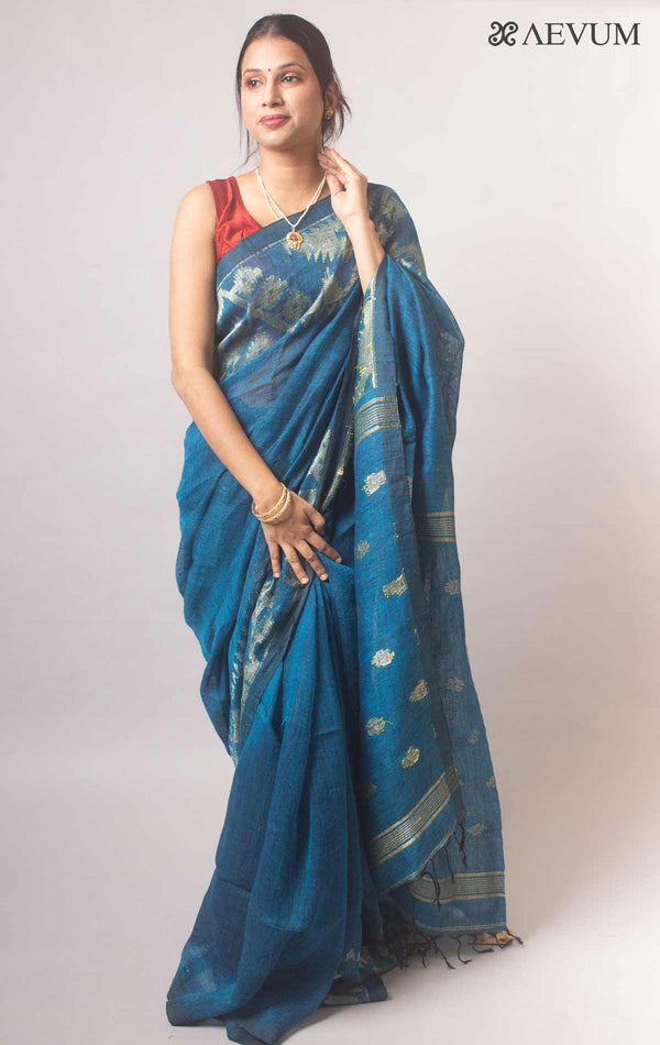 Organic Linen Jamdani Handloom Saree With Blouse Piece  - 0427 - AEVUM