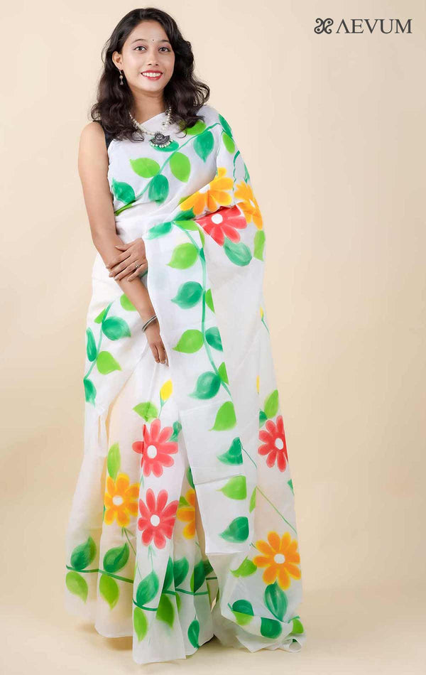 Floral Hand Painted Tant Cotton Saree with Blouse Piece - 11306 Saree Joydeep Ganguly   