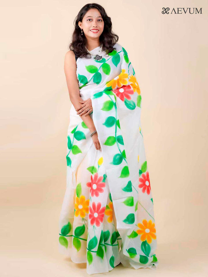 Floral Hand Painted Tant Cotton Saree - 11306 Saree AEVUM