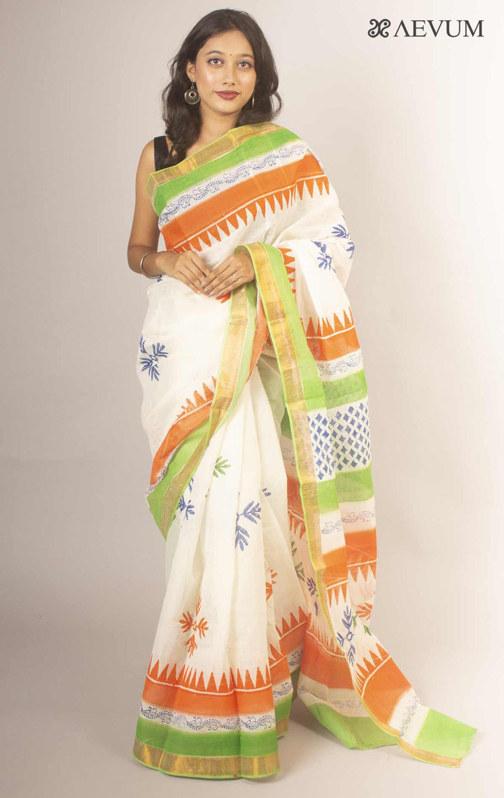 Kerala Cotton Block Printed Saree without Blouse Piece - 13666 Saree Joydeep Ganguly   