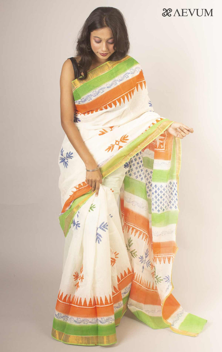Kerala Cotton Block Printed Saree without Blouse Piece - 13666 Saree Joydeep Ganguly   