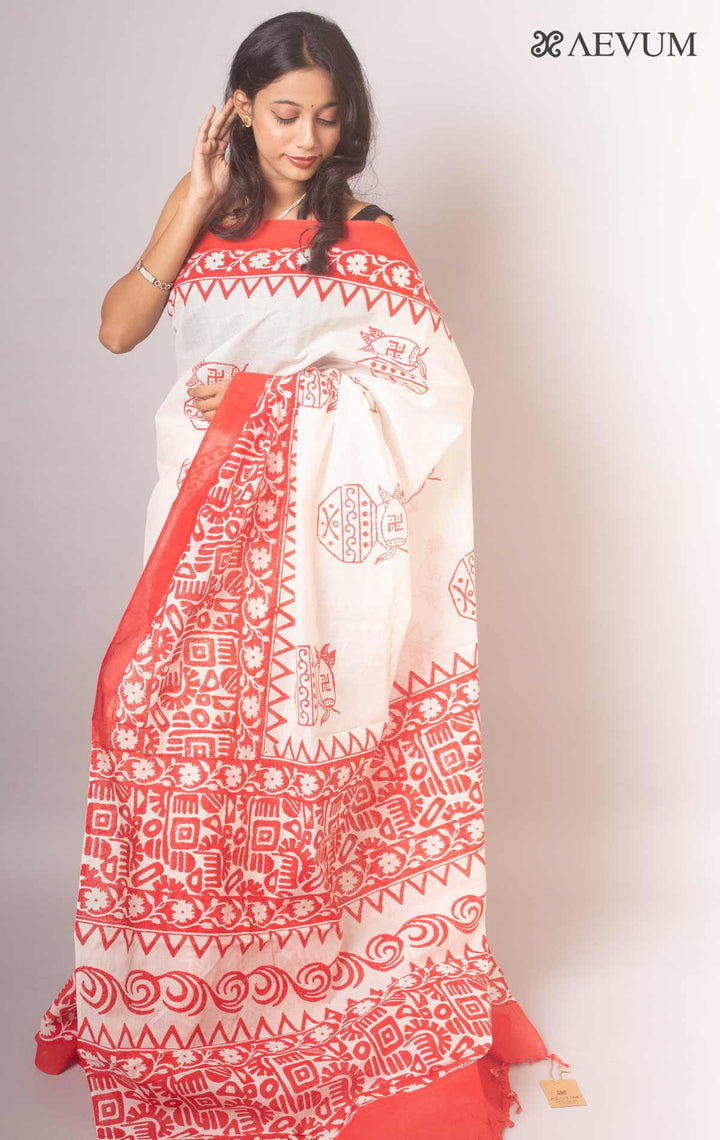 Tant Block Printed Cotton Saree without Blouse Piece -14659 Saree Joydeep Ganguly   