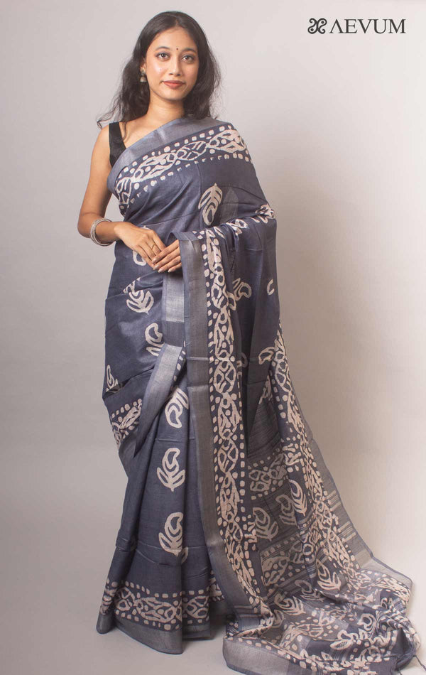 Linen Saree with Batik Print - 15112 - AEVUM