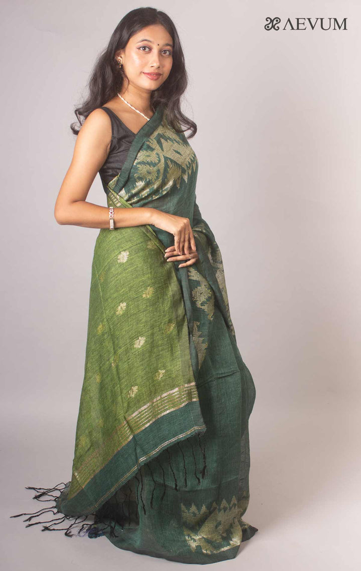 Organic Linen Jamdani handloom Saree with blouse piece - 16268 Saree Adworthy   