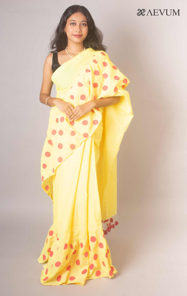 Bengal Cotton Handloom Ruffle Saree with Blouse piece - 16969 - AEVUM