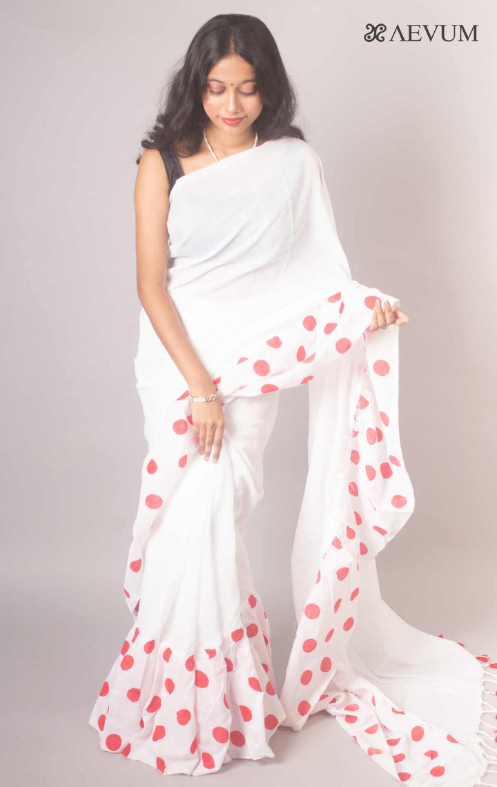 Bengal Cotton Handloom Ruffle Saree with Blouse piece - 16971 Saree AEVUM   
