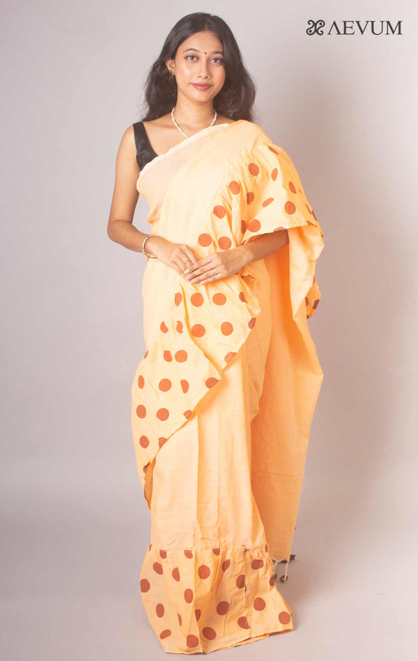Bengal Cotton Handloom Ruffle Saree with Blouse piece - 16973 - AEVUM