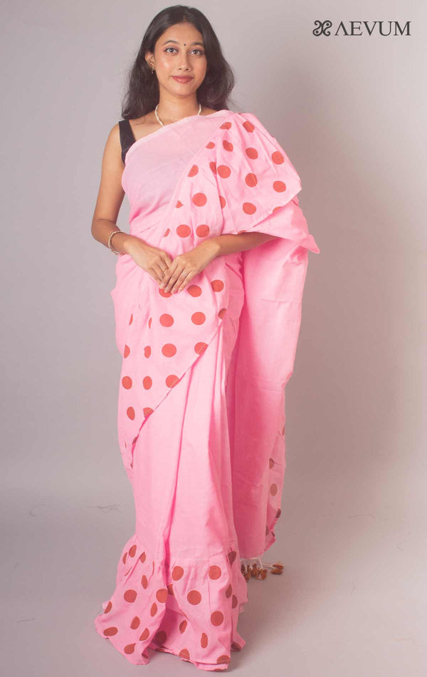 Bengal Cotton Handloom Ruffle Saree with Blouse piece - 16975 - AEVUM