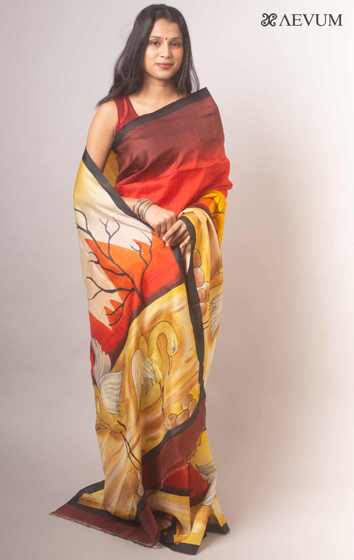 Bishnupur Hand Painted Pure Silk Saree with Silk Mark and Blouse Piece - 17050 - AEVUM