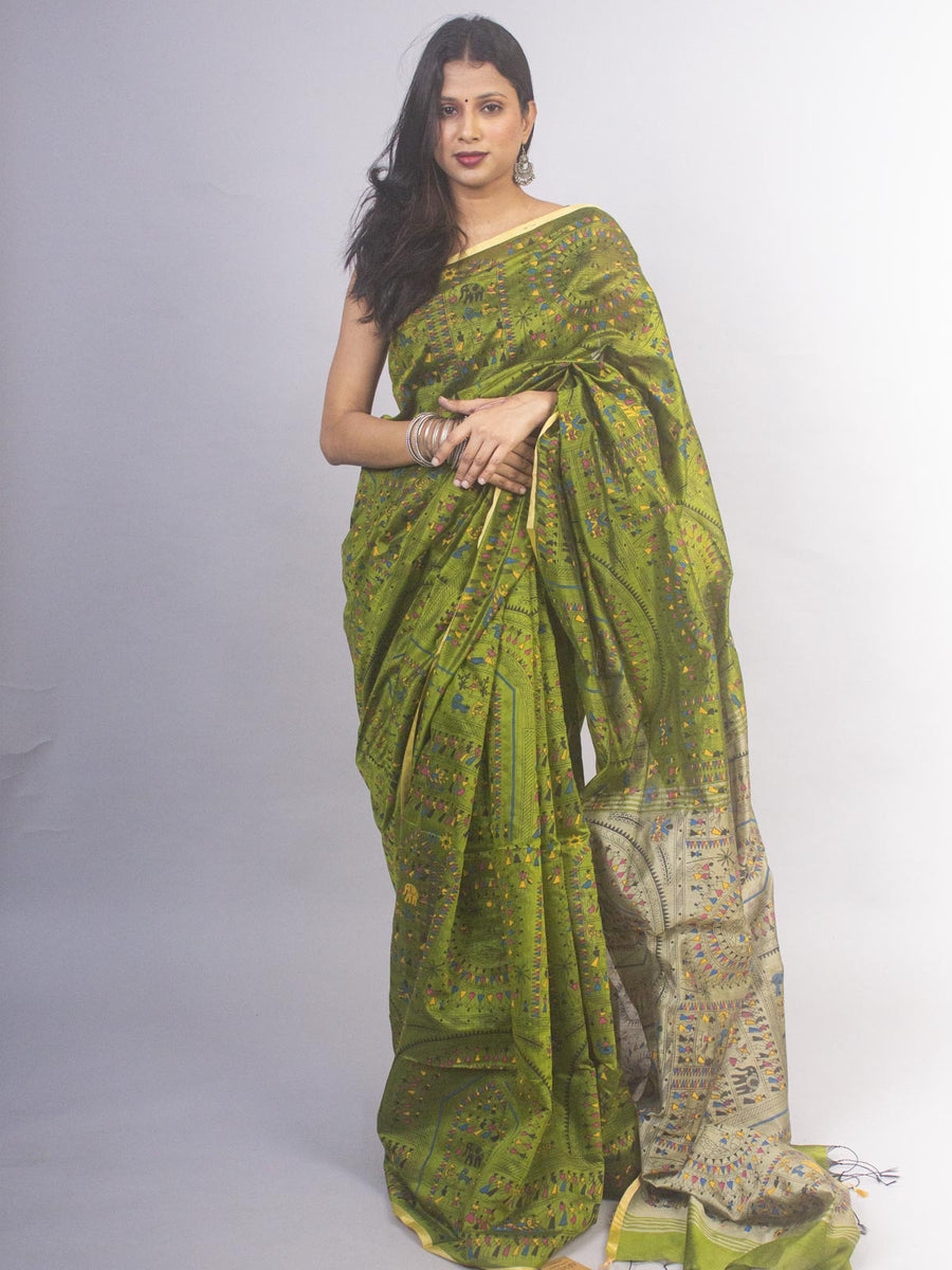 Bengal Cotton Silk Madhubani Handloom Saree - 17072 Saree AEVUM Moss Green