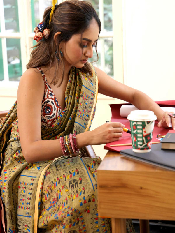 Bengal Cotton Silk Madhubani Handloom Saree - 17087 Saree AEVUM