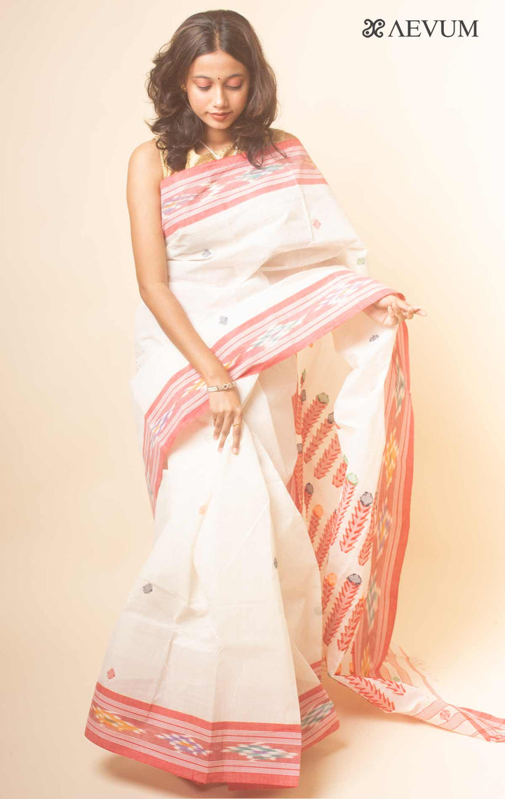 Pure Cotton Sambalpuri Border Handwoven Jamdani Saree - 17733 Saree AEVUM