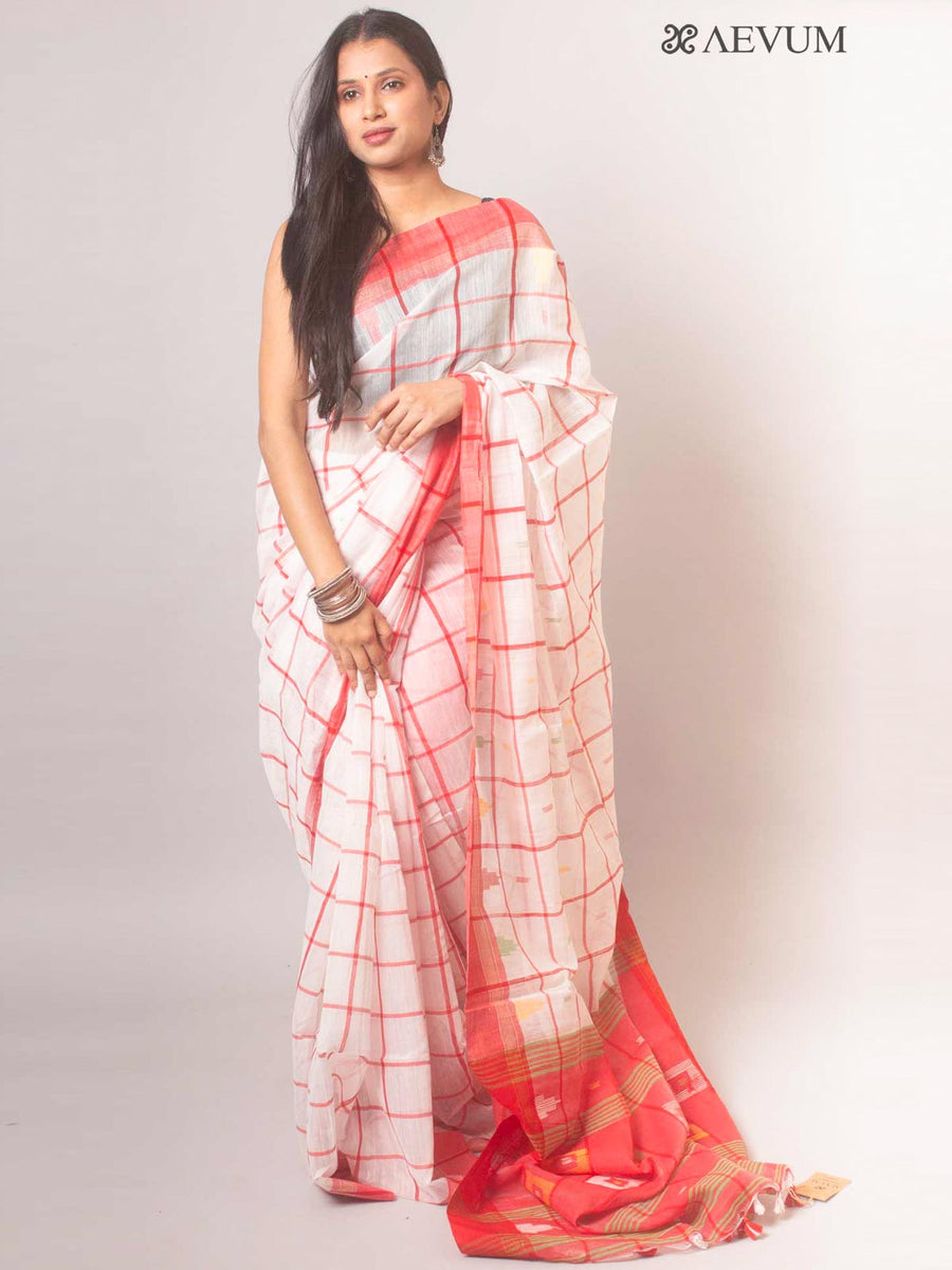 Cotton Silk Jamdani with Contemporary Checks - 18674 Saree AEVUM