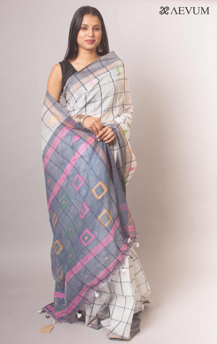 Cotton Silk Jamdani with Contemporary Checks - 18680 Saree Riya's Collection   