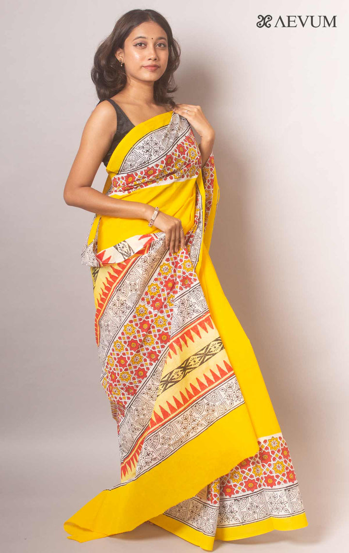 Mulmul Cotton Hand Block Printed Saree - 19443 Saree Joydeep Ganguly   