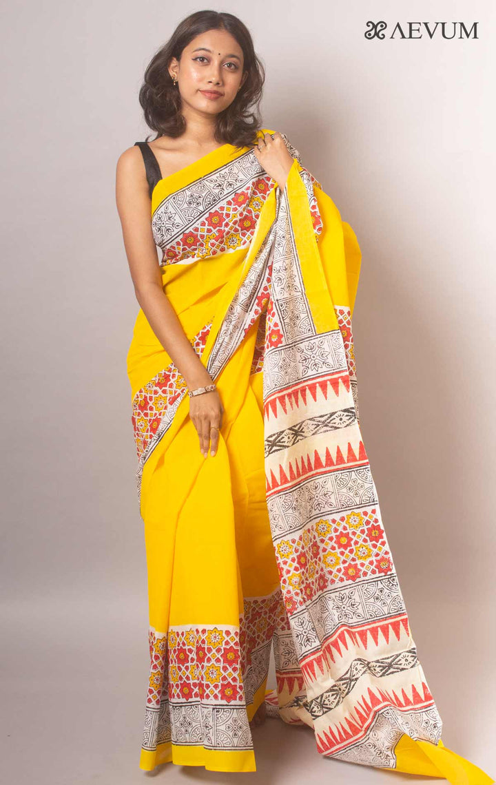 Mulmul Cotton Hand Block Printed Saree - 19443 Saree Joydeep Ganguly   