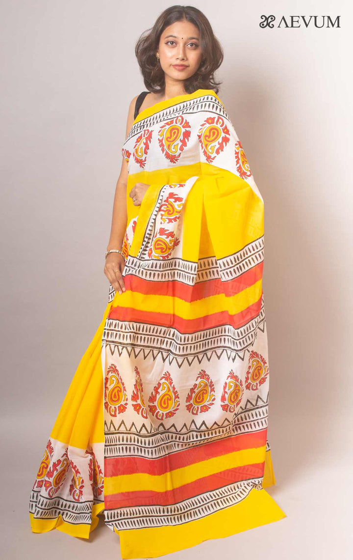 Mulmul Cotton Hand Block Printed Saree - 19445 Saree Joydeep Ganguly   