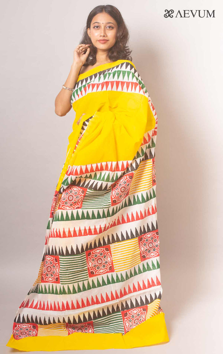 Mulmul Cotton Hand Block Printed Saree - 19459 Saree Joydeep Ganguly   