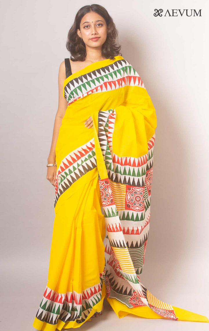 Mulmul Cotton Hand Block Printed Saree - 19459 Saree Joydeep Ganguly   