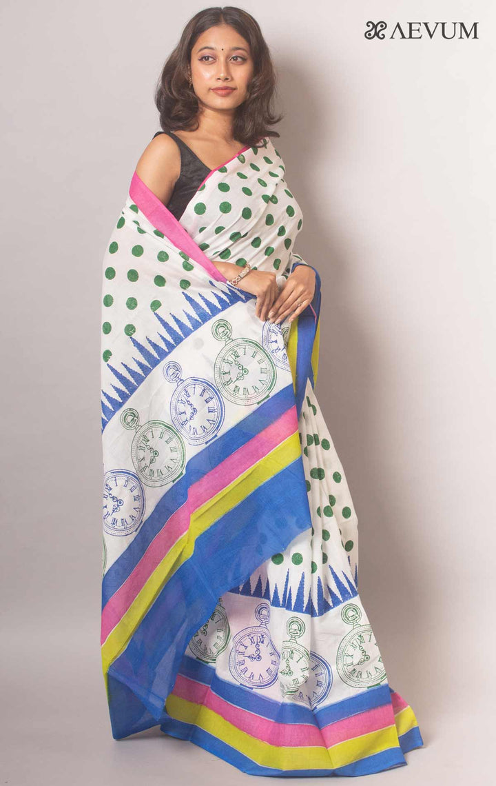 Mulmul Cotton Hand Block Printed Saree - 19467 Saree Joydeep Ganguly   