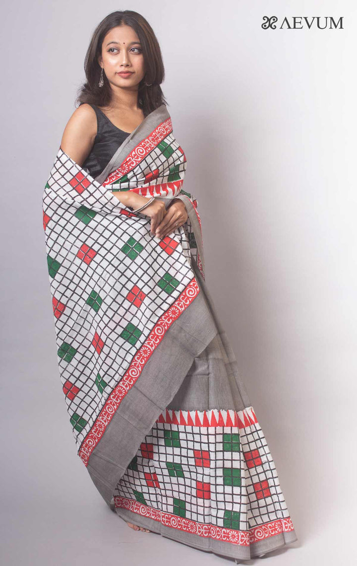 Mulmul Cotton Hand Block Printed Saree - 19469 Saree Joydeep Ganguly   