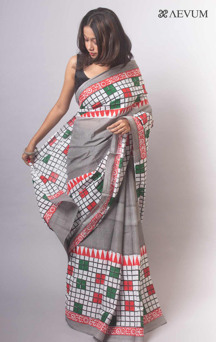 Mulmul Cotton Hand Block Printed Saree - 19469 Saree Joydeep Ganguly   