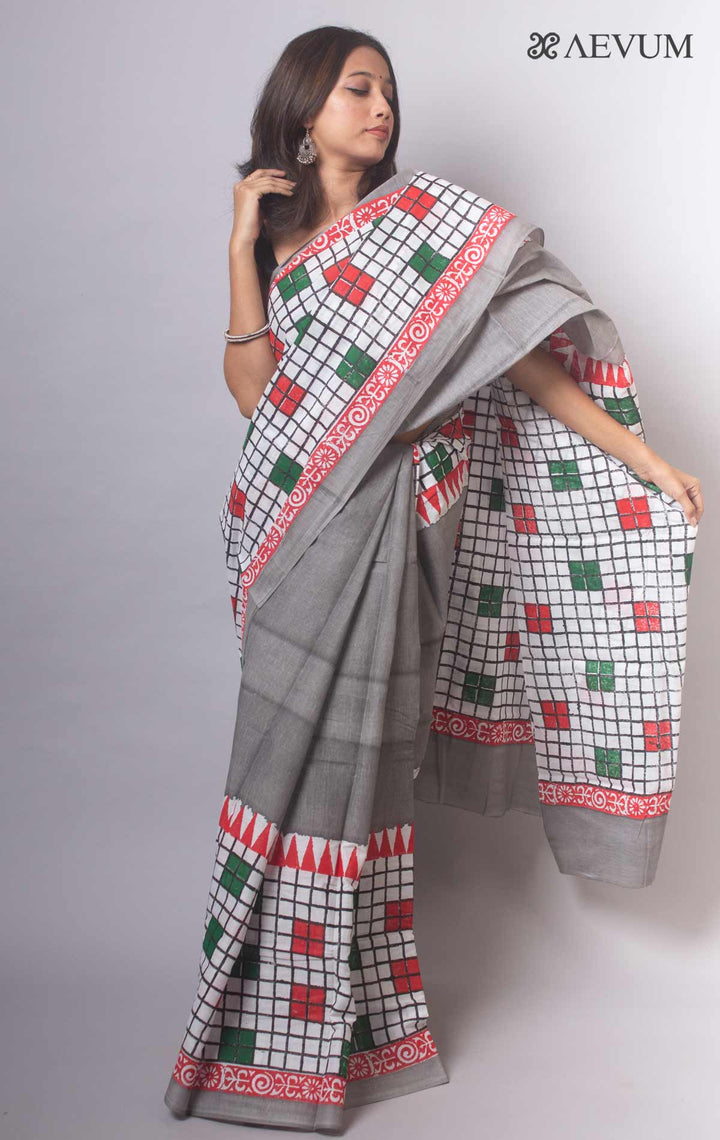 Mulmul Cotton Hand Block Printed Saree - 19469 Saree Joydeep Ganguly   