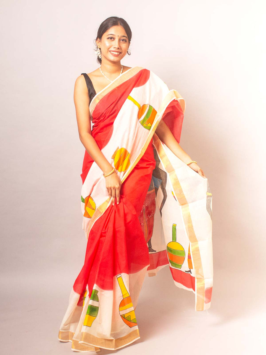 Kerala Cotton Hand Painted Saree - 20328 Saree AEVUM