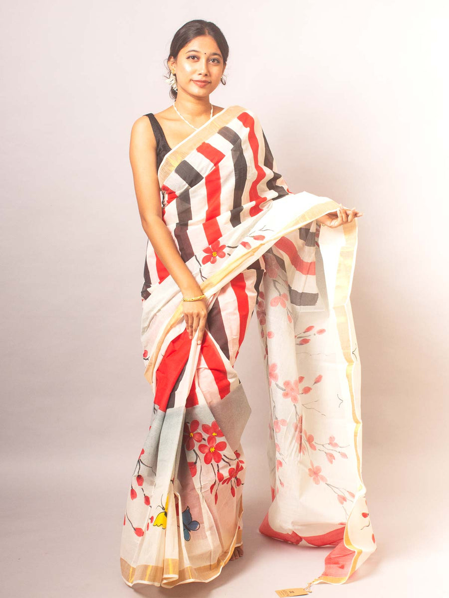Kerala Cotton Hand Painted Saree - 20330 Saree AEVUM