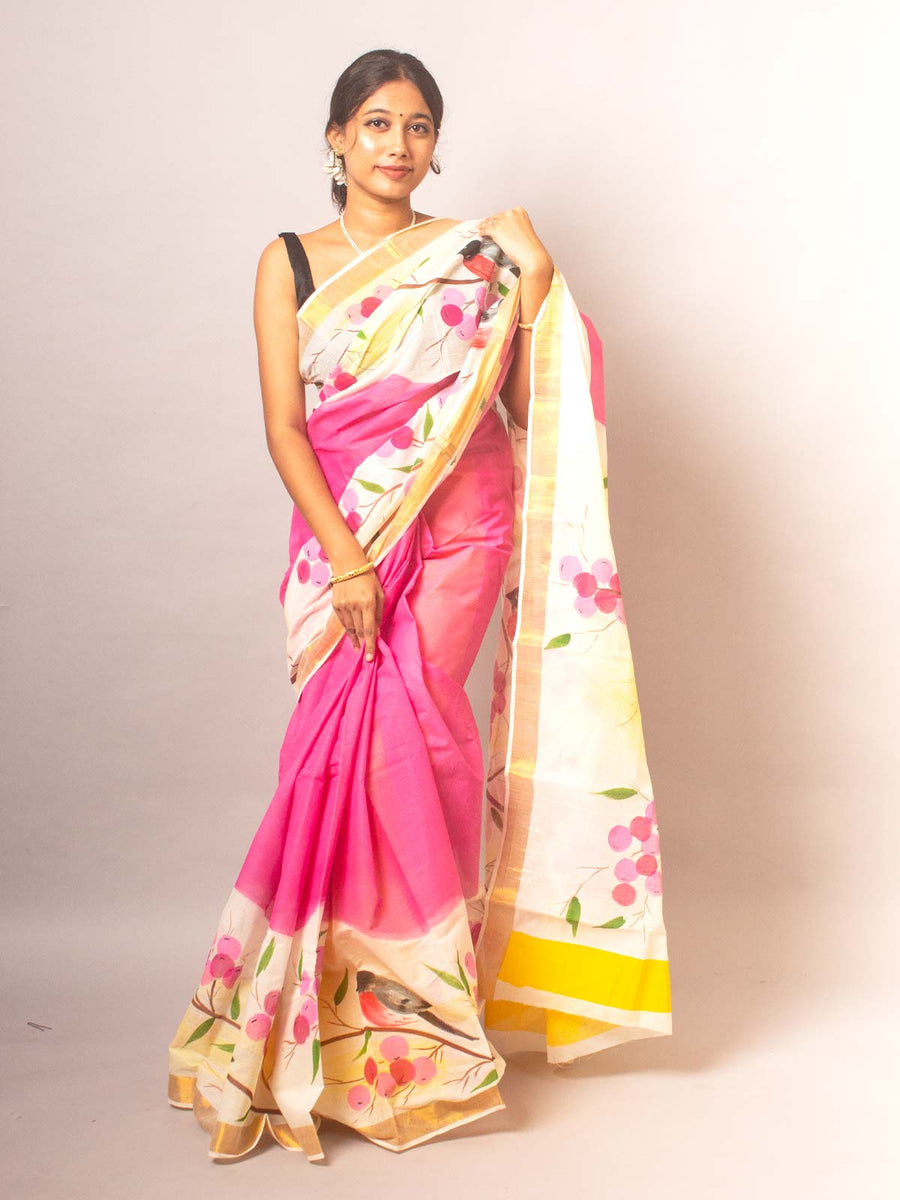 Kerala Cotton Hand Painted Saree - 20337 Saree AEVUM