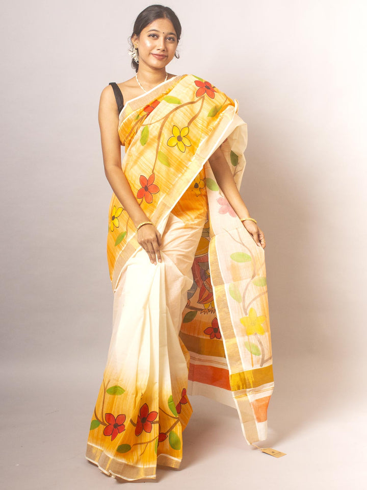 Kerala Cotton Hand Painted Saree - 20338 Saree AEVUM