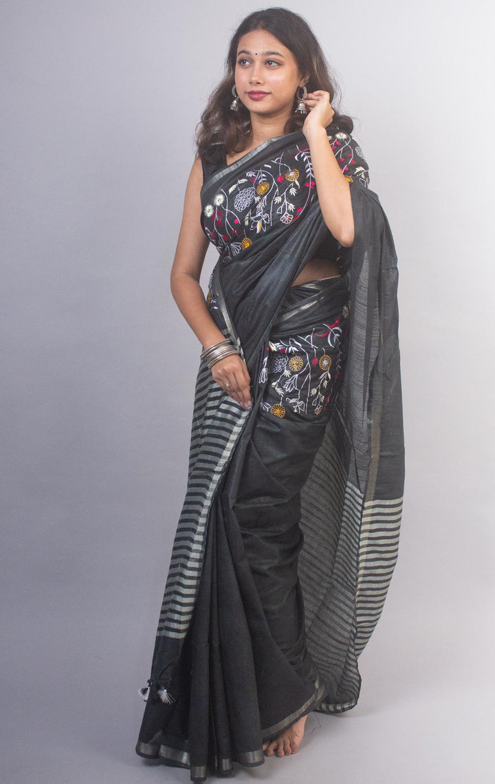 Linen Embroidered Saree - 20876 Saree AEVUM