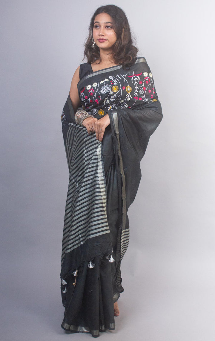 Linen Embroidered Saree - 20876 Saree AEVUM