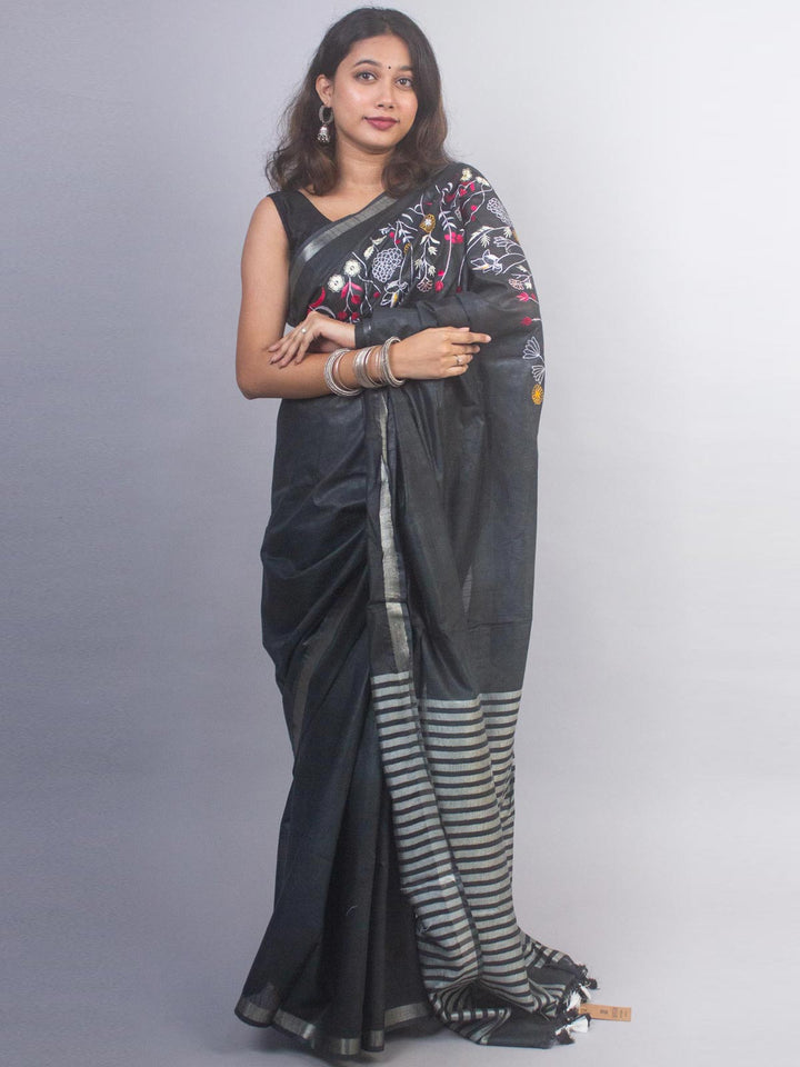 Linen Embroidered Saree - 20876 Saree AEVUM