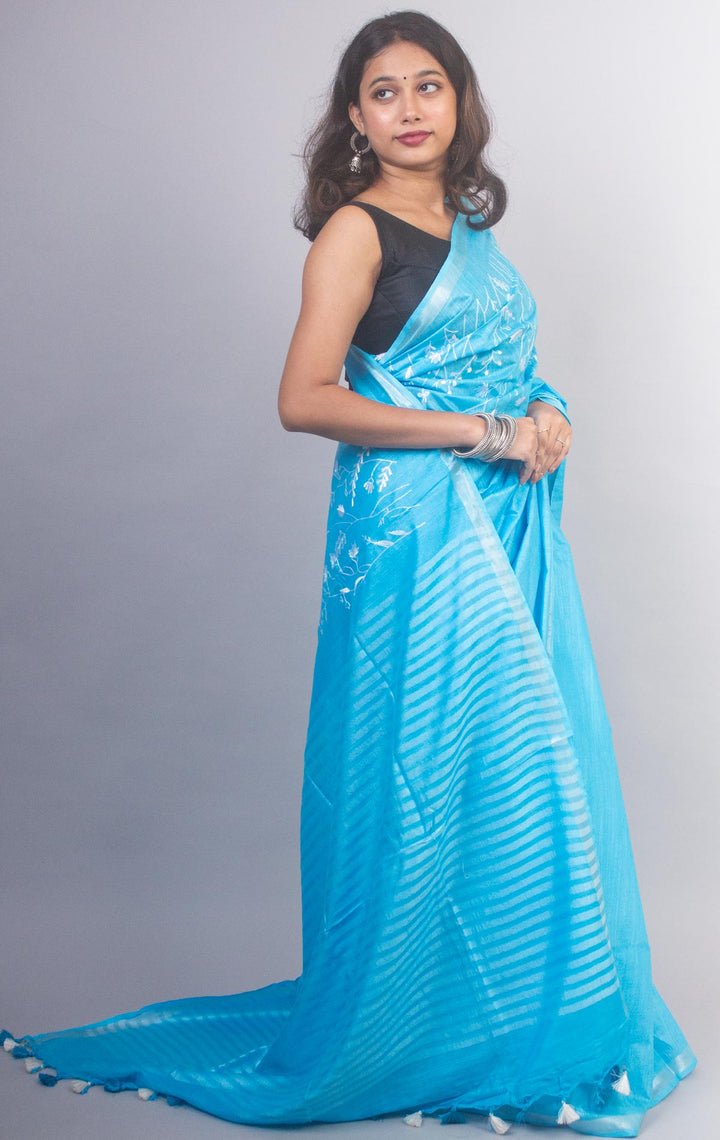 Linen Embroidered Saree - 20880 Saree AEVUM