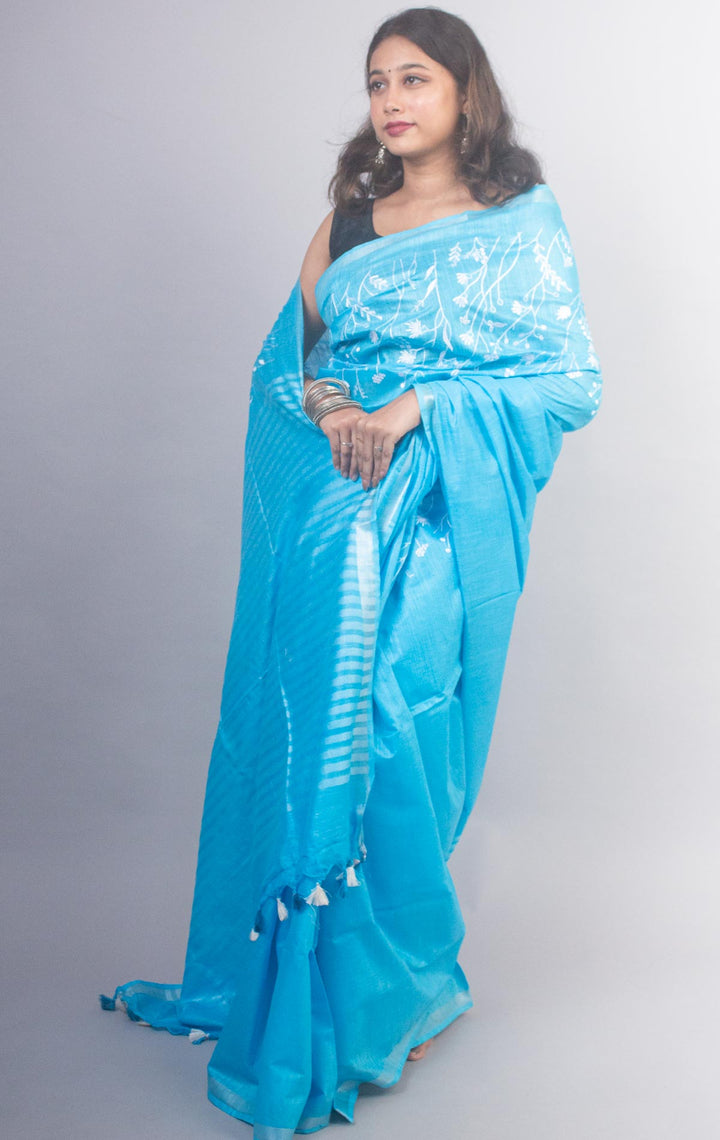 Linen Embroidered Saree - 20880 Saree AEVUM