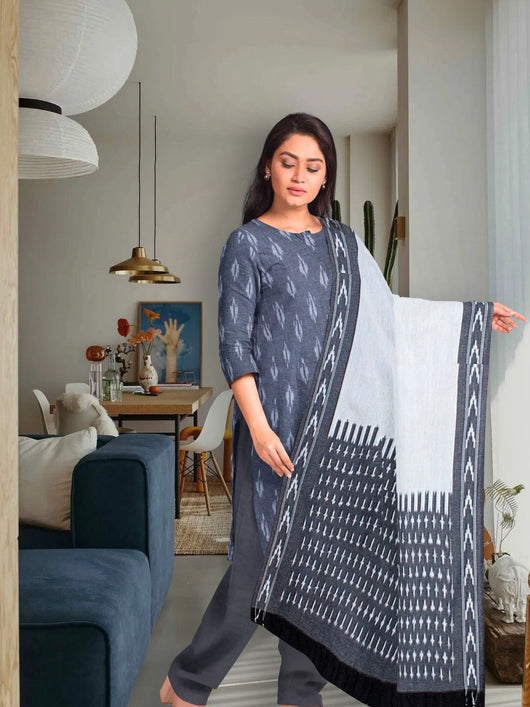 Pure Cotton Woven Ikkat Kurta Set - 20957 Women's Kurta Set AEVUM 2   
