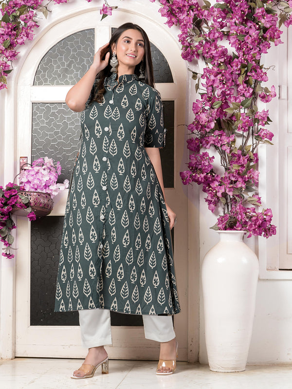 Pure Cotton Dabu Printed Custom Fitted Kurta Set - 21566-02