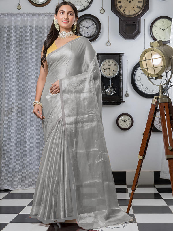 Light Grey Cotton Tissue Saree - 21895