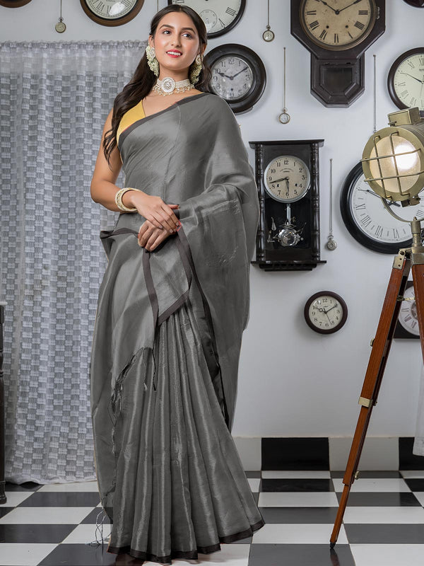 Dark Grey Cotton Tissue Saree - 21897