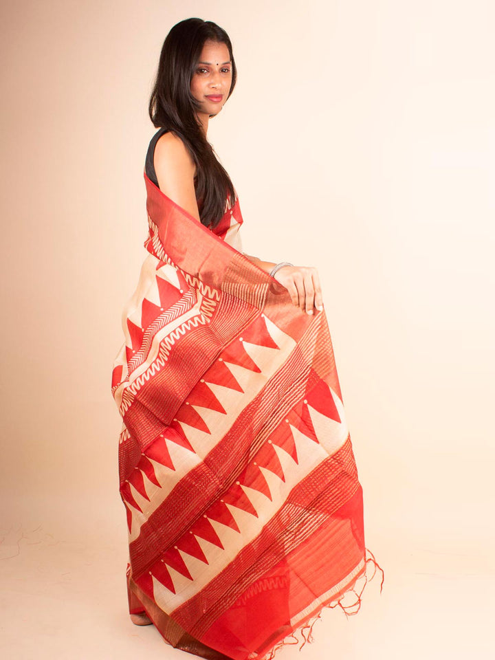 Zari Tussar Silk Saree Hand Block Printed with Silk Mark - 4598 Saree AEVUM
