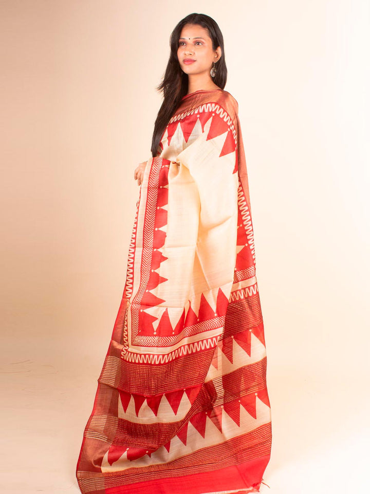 Zari Tussar Silk Saree Hand Block Printed with Silk Mark - 4598 Saree AEVUM