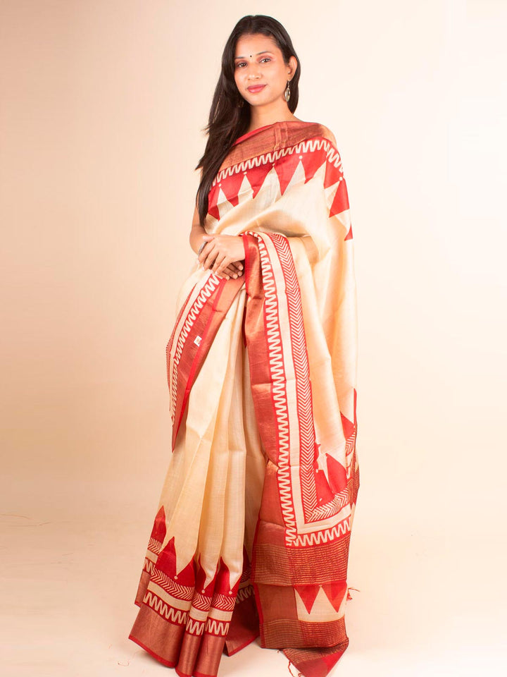 Zari Tussar Silk Saree Hand Block Printed with Silk Mark - 4598 Saree AEVUM