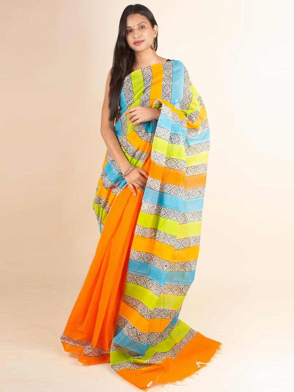Tant Block Printed Cotton Saree without Blouse Piece - 4695 Saree AEVUM