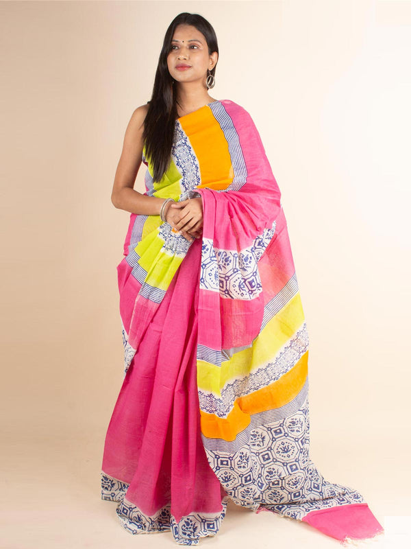 Tant Block Printed Cotton Saree without Blouse Piece - 4697 Saree AEVUM
