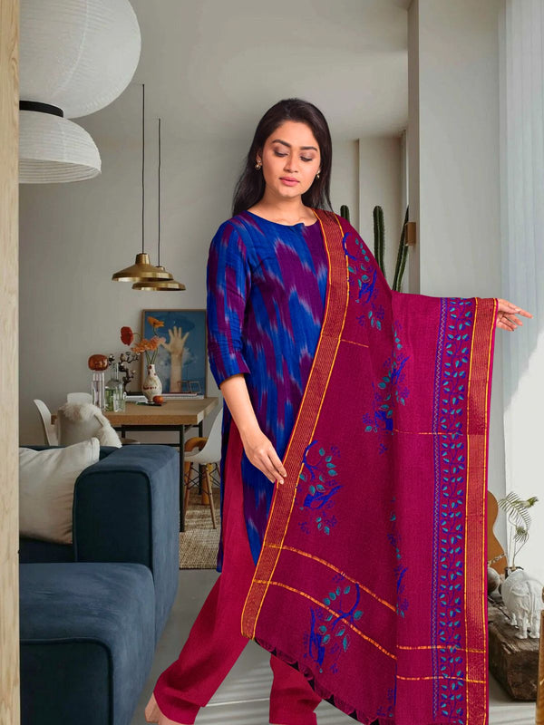 Pure Cotton Woven Ikkat Kurta Set - 5759 Women's Kurta Set AEVUM 2   