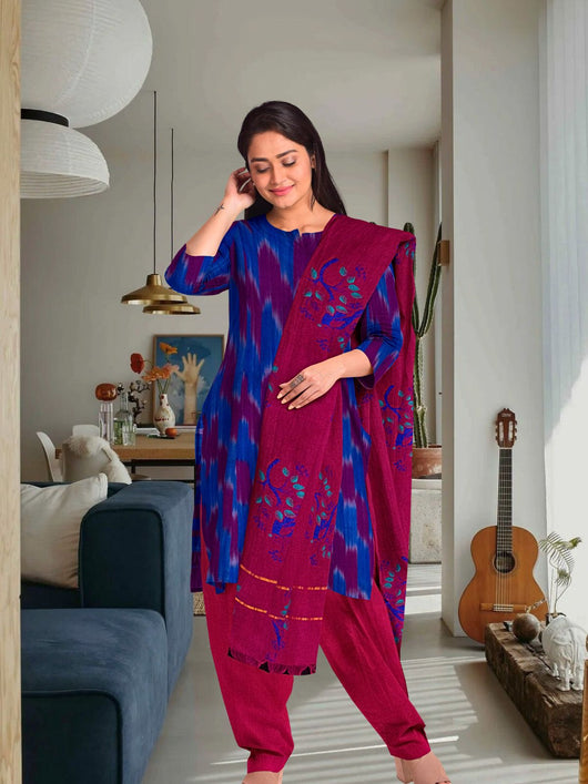 Pure Cotton Woven Ikkat Kurta Set - 5759 Women's Kurta Set AEVUM 2   