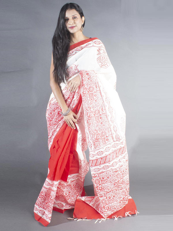 Tant Block Printed Cotton Saree without Blouse Piece - 8719 Saree AEVUM