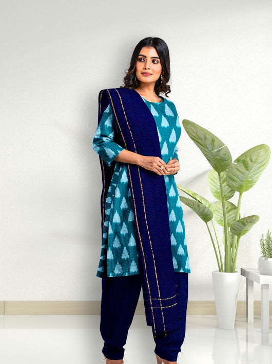 Pure Cotton Woven Ikkat Kurta Set - 8746 Women's Kurta Set AEVUM 2   